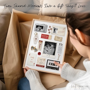 May include: A framed collage with various mementos, including photos, a camera, a cassette tape, and playing cards. The text "Turn Shared Moments Into a Gift They'll Love" is at the top. The collage is held by a person.