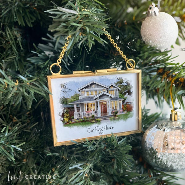 Custom House Portrait Ornament – Personalized Gold & Glass Frame, First Home Gift, Christmas Tree Keepsake, Housewarming Ornament 2024