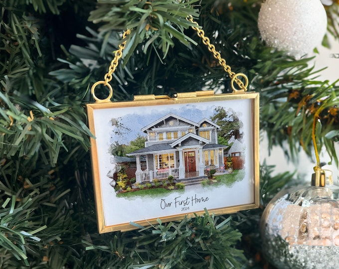 Custom House Portrait Ornament – Personalized Gold & Glass Frame, First Home Gift, Christmas Tree Keepsake, Housewarming Ornament 2024