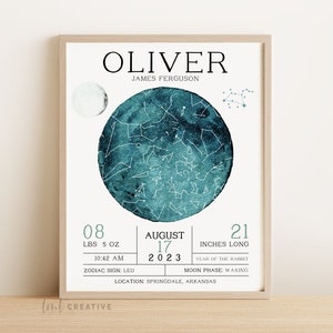 Custom Birth Stats Print, Gift For New Parents , Newborn Star Map, Baby Star Map, Personalized Nursery Printable, Constellation Print, Moon
