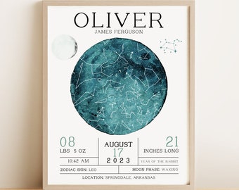 May include: A teal blue watercolor illustration of a night sky with stars and a crescent moon. The text "OLIVER JAMES FERGUSON" is at the top of the image. Below the illustration, the text reads "08 LBS 5 OZ 10:42 AM ZODIAC SIGN: LEO AUGUST 17 2023 21 INCHES LONG YEAR OF THE RABBIT MOON PHASE: WAXING LOCATION: SPRINGDALE, ARKANSAS".