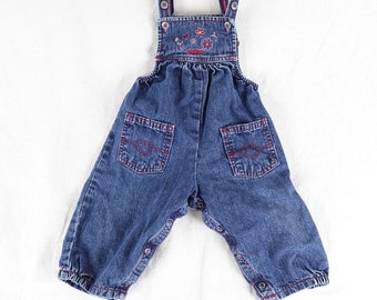 Vintage OshKosh B'Gosh Floral Denim Overalls Toddler Size 12M Embroidered 100% Cotton Jean Made in Canada 80s 90s