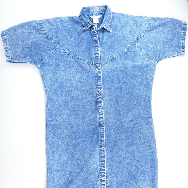 Vintage Dolly Denim Jean T-shirt Dress, Women's Medium, Button Up Stone Wash 1990s
