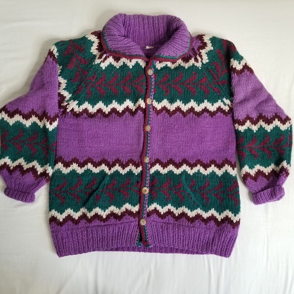 Vintage Heavy Handknit Cardigan Sweater, Adult Size Large, Multicoloured Geometric Patterns