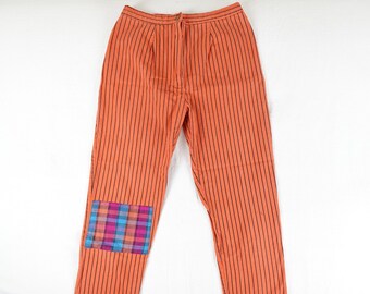 Vintage Orange and Black Pinstripe Pants, Women's Size 8/10, Handmade, Reworked with Knee Patch