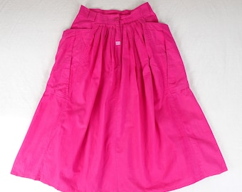 Vintage 1950s Parisian Cotton Skirt by Version Francaise, Women's Extra Small, Hot Pink High Waist