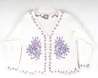 Vintage Lady Footlocker Casuals Cotton Knit Cardigan, Women's Small, Floral Embroidery