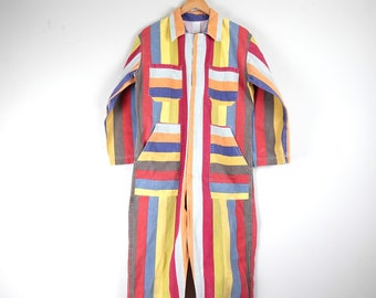 Vintage Handmade Cotton Striped Jumpsuit/ Coveralls, Women's Size Medium, Multi-colored