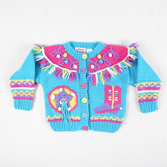 Vintage Popsicle Sweater Kids Size 3T Childs Colorful Fringe Fun Western Art Cardigan Etsy
