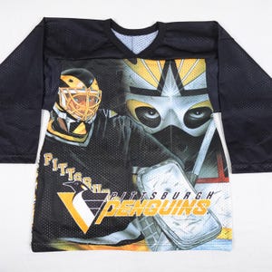 Vintage 90s CCM Pittsburgh Penguins Jersey Men&#39;s Small Tom Barrasso All Over Print Made in USA
