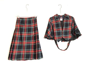 Vintage Al Jean Plaid Kilt and Shawl, Women's Size Small, Wool Tartan Two Piece Outfit, Made in Canada