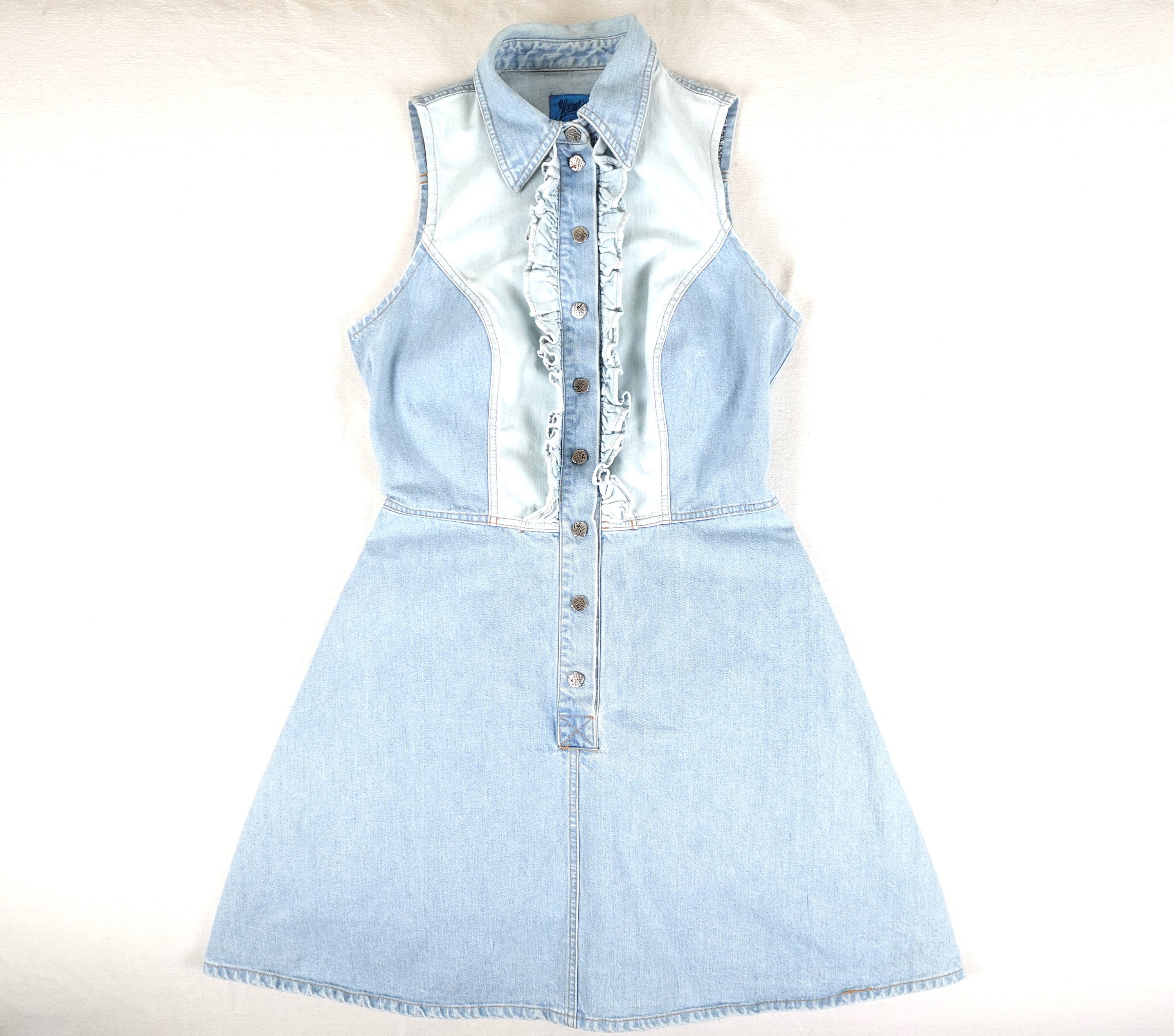 Christian Lacroix, Vintage 90s Christian LACROIX Denim Dress Women's Size 12 Western Sleeveless with Ruffles Made in Italy