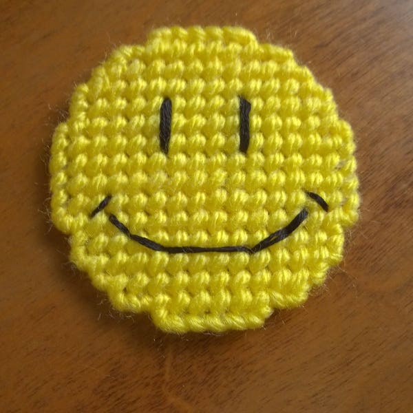 Sunny Yellow Smiley Face Refrigerator Magnet - Needle Point Plastic Canvas - Great Gift Idea