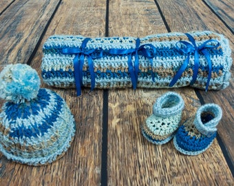 Baby Crochet Set: Blanket Hat & Booties 100% Handmade. Perfect Baby Shower Gift (Blue and Brown)