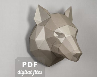 DIY Wolf wall decor: Instant dowload, PDF Template. 3d papercraft Low Poly DIY Model.