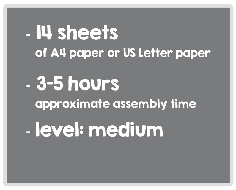 May include: A gray informational graphic with white text listing project specifications: 14 sheets of A4 paper or US Letter paper, 3-5 hours approximate assembly time, and level: medium. The text is presented in a simple, sans-serif font style.
