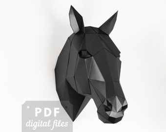 Horse trophy, modern 3d wall sculpture. Do it yourself - low poly papercraft template.
