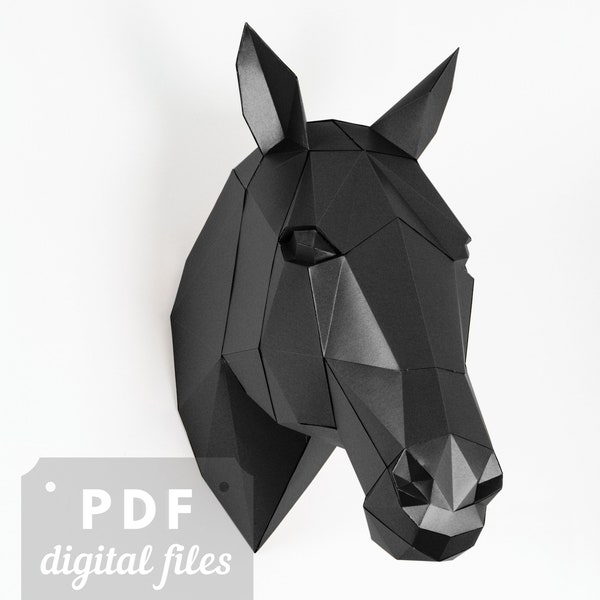 Trophée de cheval, sculpture murale 3D moderne. Faites-le vous-même - modèle papercraft low poly.