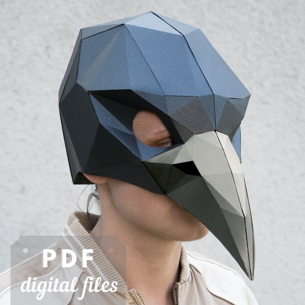 Crow mask, Raven mask: DIY printable template, 3D low poly mask for Halloween, Cosplay or Masquerade party.