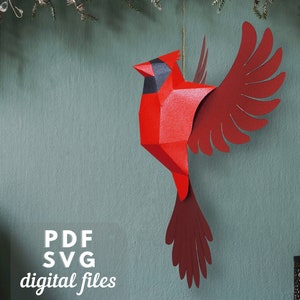 Christmas Bird Paper Craft. DIY Printable PDF and SVG. Festive Winter Holiday Home Decor