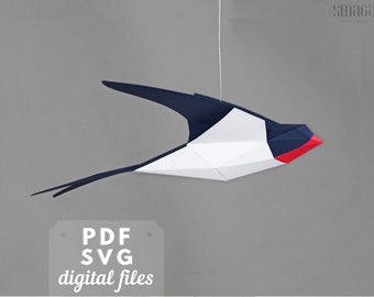 Rauchschwalbe Papiermodell: PDF und SVG 3D Vogel Vorlage. Einfache DIY Weihnachtsdekoration.