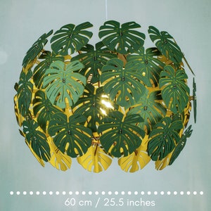 Lampada Monstera, lampada a forma di tamburo, lampadario tropicale per sala da pranzo, plafoniera in carta verde e legno, kit fai da te per l'autoassemblaggio