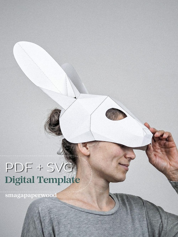Rabbit Mask Papercraft: Hare, Bunny Mask Pattern, SVG & PDF Template, DIY 3D Easter Costume.