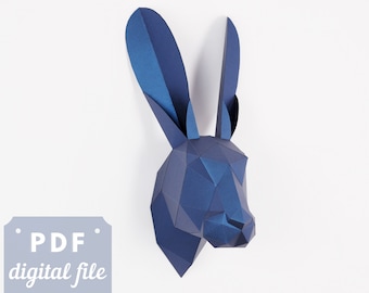 Rabbit wall decor: DIY papercraft, Printable PDF template. Animal wall art, low poly sculpture. DIY gift idea for a Rabbit lover.