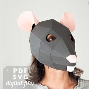 Printable Rat mask, Papercraft Mouse DIY mask, PDF and SVG pattern. Paper low poly Rat, Halloween or Cosplay Costume.