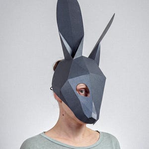May include: A dark grey geometric rabbit mask with long ears and pointed features. The mask covers the face, with an eye visible through an oval opening. The person is wearing a light green top.