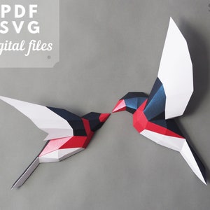 Paper Birds - Low poly Papercraft 3d. Bird 3d wall art, SVG and PDF pattern. DIY wall decor.
