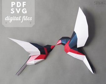 Paper Birds - Low poly Papercraft 3d. Bird 3d wall art, SVG and PDF pattern. DIY wall decor.