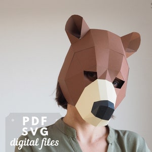 Modello per maschera di orso di carta / carta fai da te, modello stampabile in PDF + SVG, maschera 3D di animale, maschera Terio, Halloween, Cosplay.
