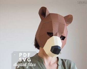 Bear mask | DIY papercraft, PDF + SVG printable template, Easy animal 3d mask, Low poly, Haloween, Cosplay or Festival.