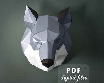 Sculpture de loup en papier, tête de loup 3D, créations en papier DIY, modèle PDF, décoration murale.