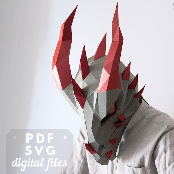 Printable dragon mask, Chinese New Year DIY mask, Dragon costume, papercraft mask. Skyrim cosplay, masquerade mask men.