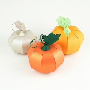 Puede incluir: Tres calabazas de papel, una blanca, una naranja y una amarilla, con tallos y hojas de papel verde.