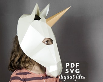 Masque de licorne taille ADULTE, modèle papercraft PDF et SVG. Carnaval, fête costumée, déguisements.