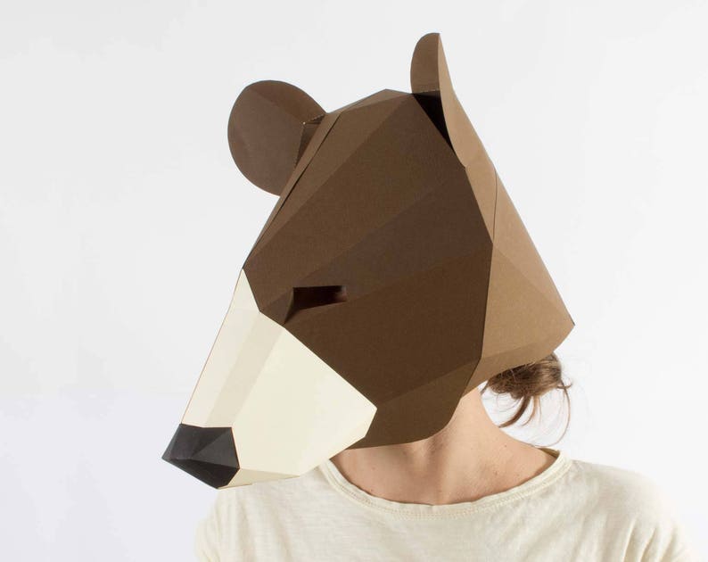 Bear mask, low poly mask for a kids dess up. Papercraft mask pdf pattern. image 4