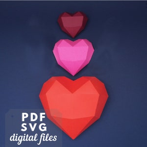 Modèle 3D en forme de coeur en papier : création de fichiers PDF et SVG. Bricolage, cadeau d'amour fait main, sculpture de coeur low poly.