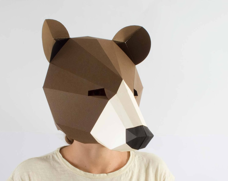 Bear mask, low poly mask for a kids dess up. Papercraft mask pdf pattern. image 2