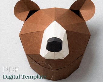 Low Poly Brown Bear Head Wall Decor | DIY Paper Craft PDF Template | Printable Papercraft Sculpture