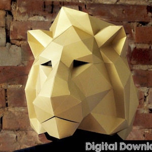 Máscara de leão em 3D, modelo de papel. Máscara de Halloween ou baile de máscaras. Leão de papel low poly.