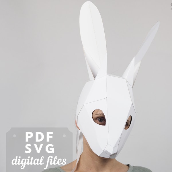 Manualidad con máscara de conejo. Máscara de conejito de Pascua, patrón de máscara 3D DIY, plantilla SVG y PDF, cabeza de animal de papel, máscara de liebre, disfraz de conejo.