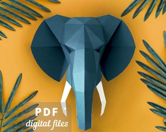 3d Papercraft Elephant decor. Low poly papercraft PDF template for a wall hanging Elephant sculpture.