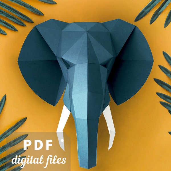 3d Papercraft Elephant decor. Low poly papercraft PDF template for a wall hanging Elephant sculpture.