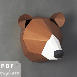 Bear papercraft sculpture, printable PDF template. 3d origami wall art, DIY Paper animal trophy. Easy craft for beginners.