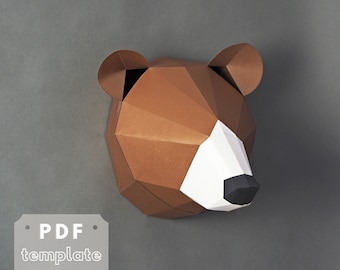 Bear paper sculpture: printable template. 3d origami wall art | DIY Paper animal trophy. Easy craft for beginners.