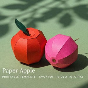 Könnte beinhalten: Zwei Papieräpfel, einer rot und einer rosa, liegen auf einer grünen Oberfläche. Der rote Apfel hat ein grünes Papierblatt und der rosa Apfel einen kleinen braunen Stiel. Der Text "Paper Apple" steht darunter.
