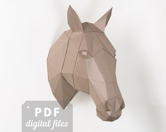 Horse head 3d papercraft Instant download, 3d wall art, wall hanging equestrian paper art, gift for horse lover, farmhouse wall decor.